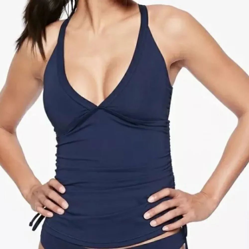 Athleta Side Scrunch Tankini Top Cross Back Blue Size Small 405940